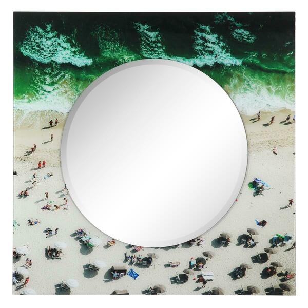 Empire Art Direct 36 in. Beach Square Reverse Printed Tempered Glass Art with 24 in. Round Beveled Mirror TAM-EAD5001-3636SQ-2424R